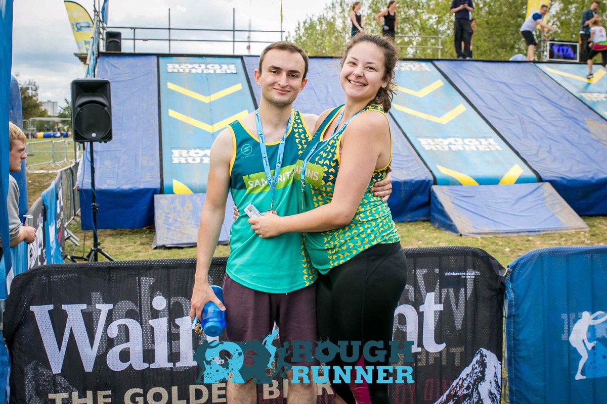 Here's a great photo of Laura-Jayne and Andy after completing the 5K London #RoughRunner obstacle earlier this month - sponsor them here: bit.ly/2koYJXw 💪💚#TeamSamaritans