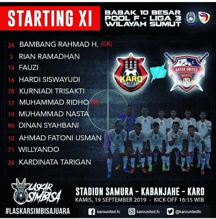 karounitedfc's tweet photo. Berikut susunan pemain Karo United FC yang akan duluan diturunkan saat menghadapi Batak United sore ini di Stadion Samura - Kabanjahe, mulai pukul 16.15 WIB https://t.co/cKu9be9pjh