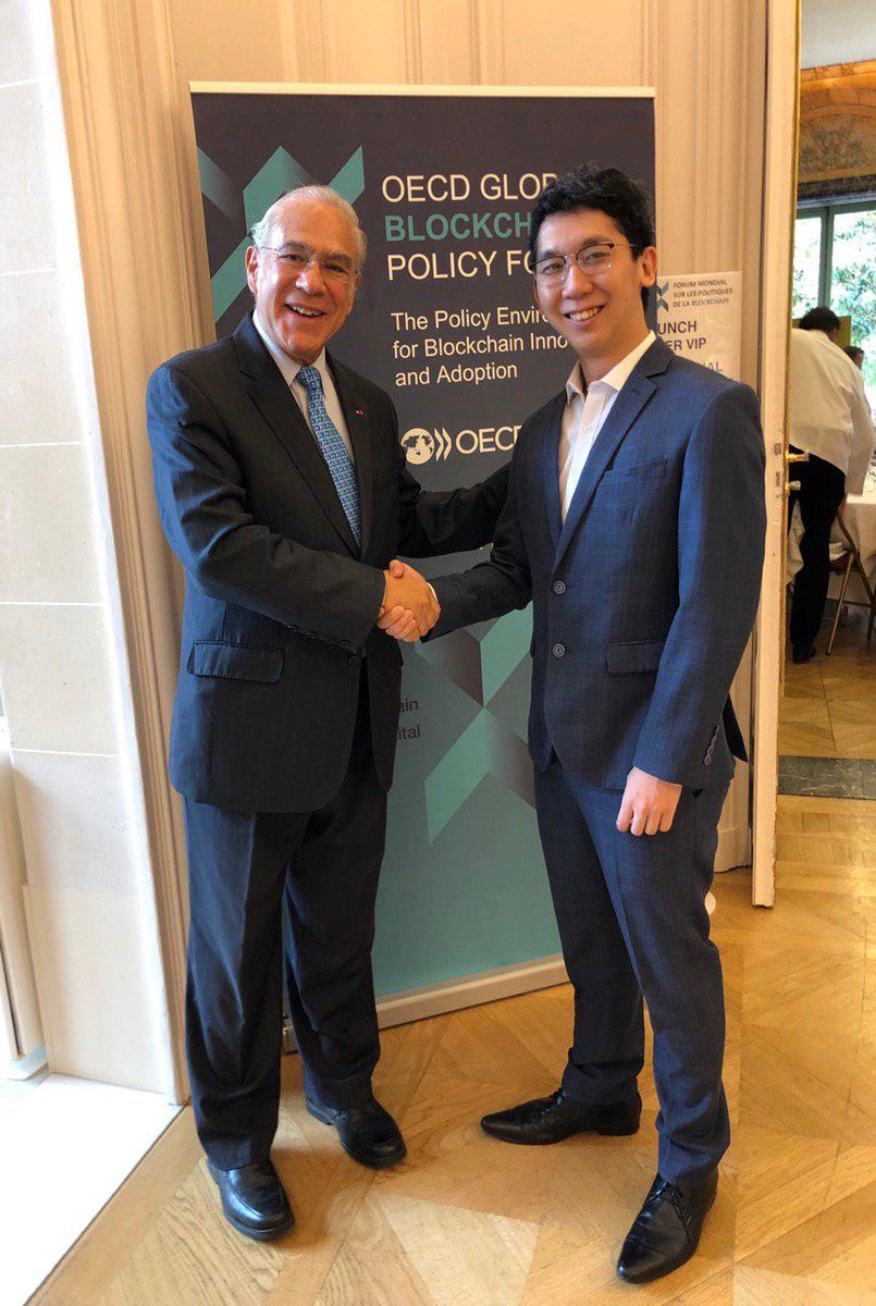Binance at the @OECD Global #Blockchain Policy Forum 2019 in Paris, France.  #Binance CFO, @weizhouBinance with Greg Medcraft, Director of the  Directorate for Financial & Enterprise Affairs of the OECD Binance CCO,
