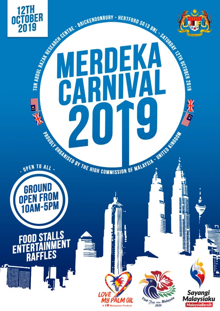 The #MalaysianCarnivalUK 2019 🇲🇾 will be held on Saturday 12th October 2019 at #Brickendonbury #Hertford from 10am - 5pm. Organised by the <a href="/MYHicomLondon/">High Commission of Malaysia, London</a> #TARRC 

There will be food stalls, entertainment and raffles to be won!

Open to all... See you there!