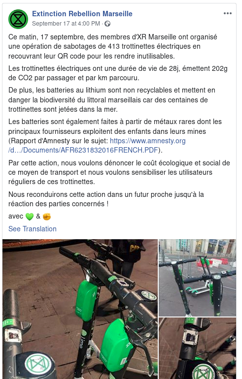 PoChaput's tweet photo. Extinction Rebellion passe du blocage de pont au sabotage 🤔 #radicalisationexpress #trottinette https://t.co/Yfz4JUc3jo