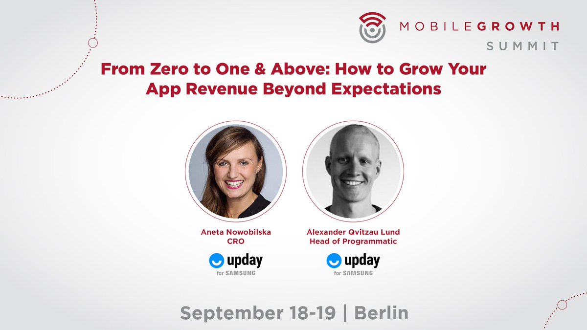 Next up on the #MGS19 #Berlin stage is <a href="/AnetaNowo/">Aneta Nowobilska</a> &amp; Alexander Qvitzau Lund from  <a href="/updayDE/">upday DE</a> to talk about From Zero to One &amp; Above: How to Grow Your App Revenue Beyond Expectations