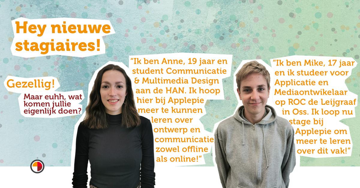 applepie_nl's tweet photo. Een nieuw schooljaar betekent nieuwe stagiaires! 
Welkom Anne en Mike! 😃
#communicatie #development #mediadesign https://t.co/2XoO5tBMJY