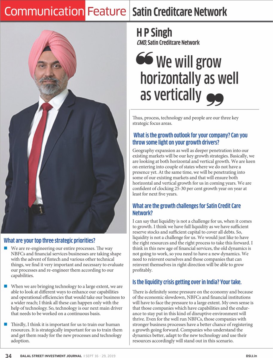 TaraashnaL's tweet photo. One of the leading #MFI in India, Satin Creditcare's (Subsidiary #Taraashna Financial Services Limited) CMD- Mr. H P Singh talking about Expansion Plans &amp; Liquidity Crisis in recent edition of Dalal Street Journal, one of the leading equity research &amp; capital investment magazine. https://t.co/SEYFNqfCib