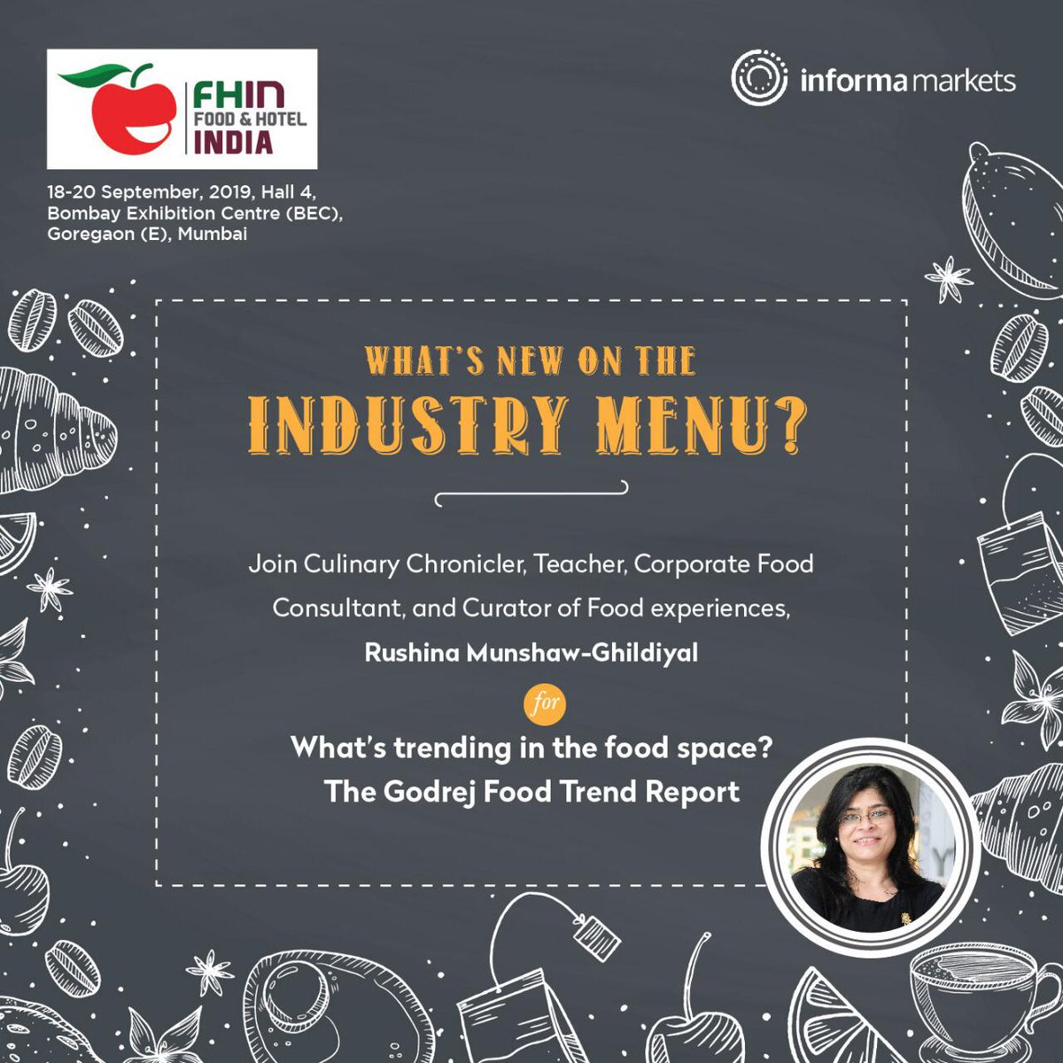 FoodandHotelIN's tweet photo. You can have your fill of knowledge and tips for success in the #food &amp; #hospitality sector here! Join @RushinaMG , an expert in Indian and World cuisines who also specialises in Indian Food Studies for the annual Godrej Food Trends Report.
#FHIN2019 #FoodAndHotelIndia https://t.co/kBjnnMiObu