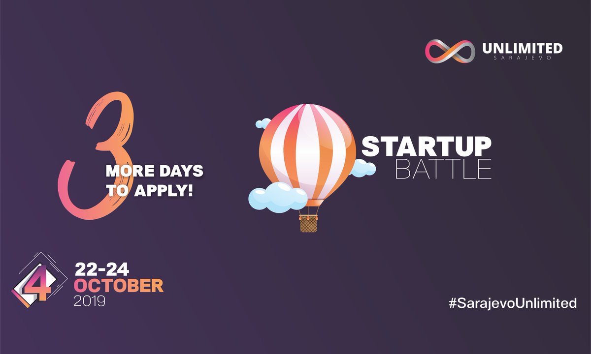 Time is slowly ticking away and you only have 𝟯 𝗺𝗼𝗿𝗲 𝗱𝗮𝘆𝘀 left. So, startupers click on the following link 👉 bit.ly/StartupSU19 and apply for a major reward!

#SarajevoUnlimited #StartupSU19