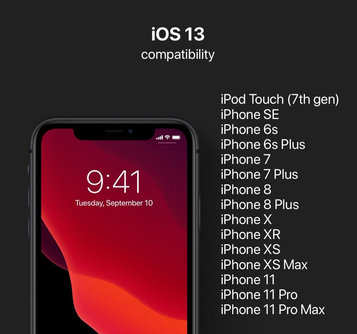 ipswCentral's tweet photo. It’s #iOS day! iOS 13 will be released around 6pm GMT for the following devices, and can be downloaded from https://t.co/WOlR6A4Cn7 https://t.co/t1lPxLSEFH