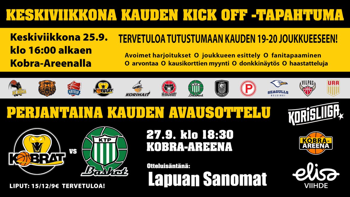 KobratLapua's tweet photo. Enää 8 yötä kauden avaukseen, mutta sitä ennen @KobratLapua  kick off -tilaisuus. Tervetuloa mukaan! #kobrapower #whitearmy #korisliiga #kobraareena #kickoff https://t.co/ItjvQPP5L3