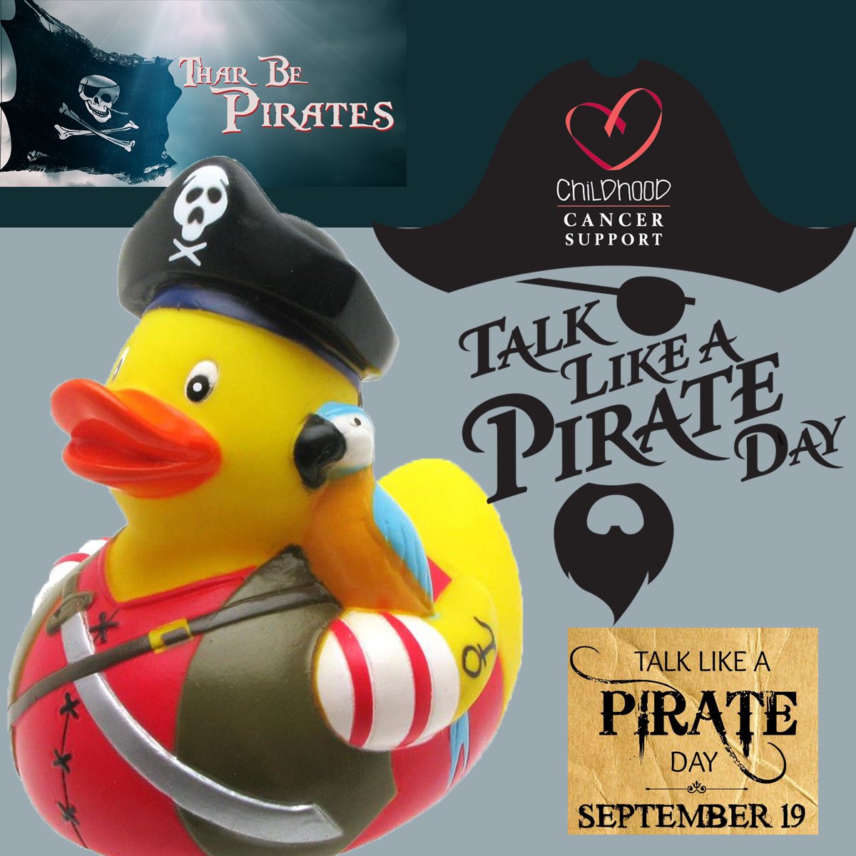 budducks's tweet photo. Ahoy there - It’s Talk like a Pirate Day today. Good luck to all those fundraising for childhood cancer support. #sayitwithaduck https://t.co/BZQR8HmLOy