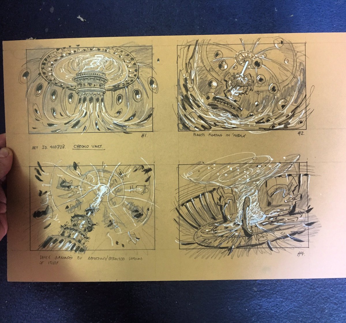 RalphHorsley's tweet photo. Concept sketches for Aeon Engine - labelled with the working title of Chrono Vault.
Brushpen and Acrylic on Daler Rowney mountboard. #mtgart #aeonengine #compositionstudy https://t.co/D9cu5TrE0s