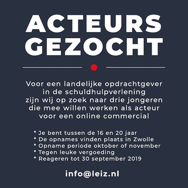 LEIZ_beeld's tweet photo. Ben of ken jij iemand die acteren ontzettend leuk vindt en ben je tussen de 16 en 20 jaar oud? Dan zoeken wij jou!

Voor een landelijke opdrachtgever in de schuldhulpverlening zoeken wij 3 jongeren die mee willen werken aan een online commercial.
De comm… https://t.co/Y1fL1QteCV https://t.co/EkpHx62TNE