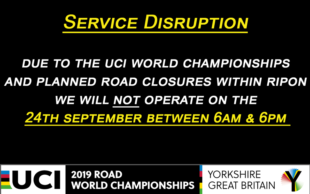 Anbcars's tweet image. Due to the UCI World championships we will not operate on the 24th September between 6am and 6pm.

We do expect further disruption across the event in Ripon on the 27,28,29th with planned rolling road closures but will endeavor the keep this to a minimum.

tinyurl.com/y4zs4jgc