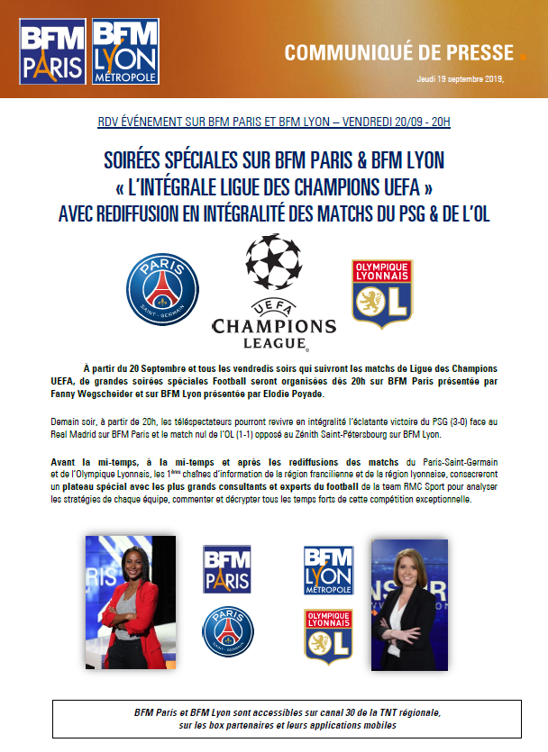 BFMTV_Inside's tweet photo. ⚽️ Ligue des champions
⚠️📺 @BFMParis et @BFMLyon rediffusent en intégralité les matchs du @PSG_inside et de @OL
🔵🔴 Soirées spéciales tous les vendredis soirs qui suivent les matchs avec @FWegscheider et @ElodiePoyade https://t.co/ze1Ugk88Kd