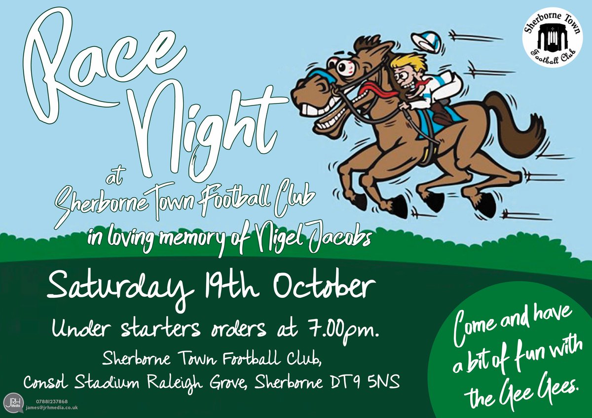 Sherborne Town FC (@sherbornetownfc) on Twitter photo A date for the diary Saturday 19th October. We’re having a race night in memory of our late friend Nigel Jacobs. To reserve a table please contact sam.bowers@mjbowers.co.uk first come first served, tables of 8. #Zerbas #RaceNight 🦓🐎🦓🐎 A date for the diary Saturday 19th October. We’re having a race night in memory of our late friend Nigel Jacobs. To reserve a table please contact sam.bowers@mjbowers.co.uk first come first served, tables of 8. #Zerbas #RaceNight 🦓🐎🦓🐎