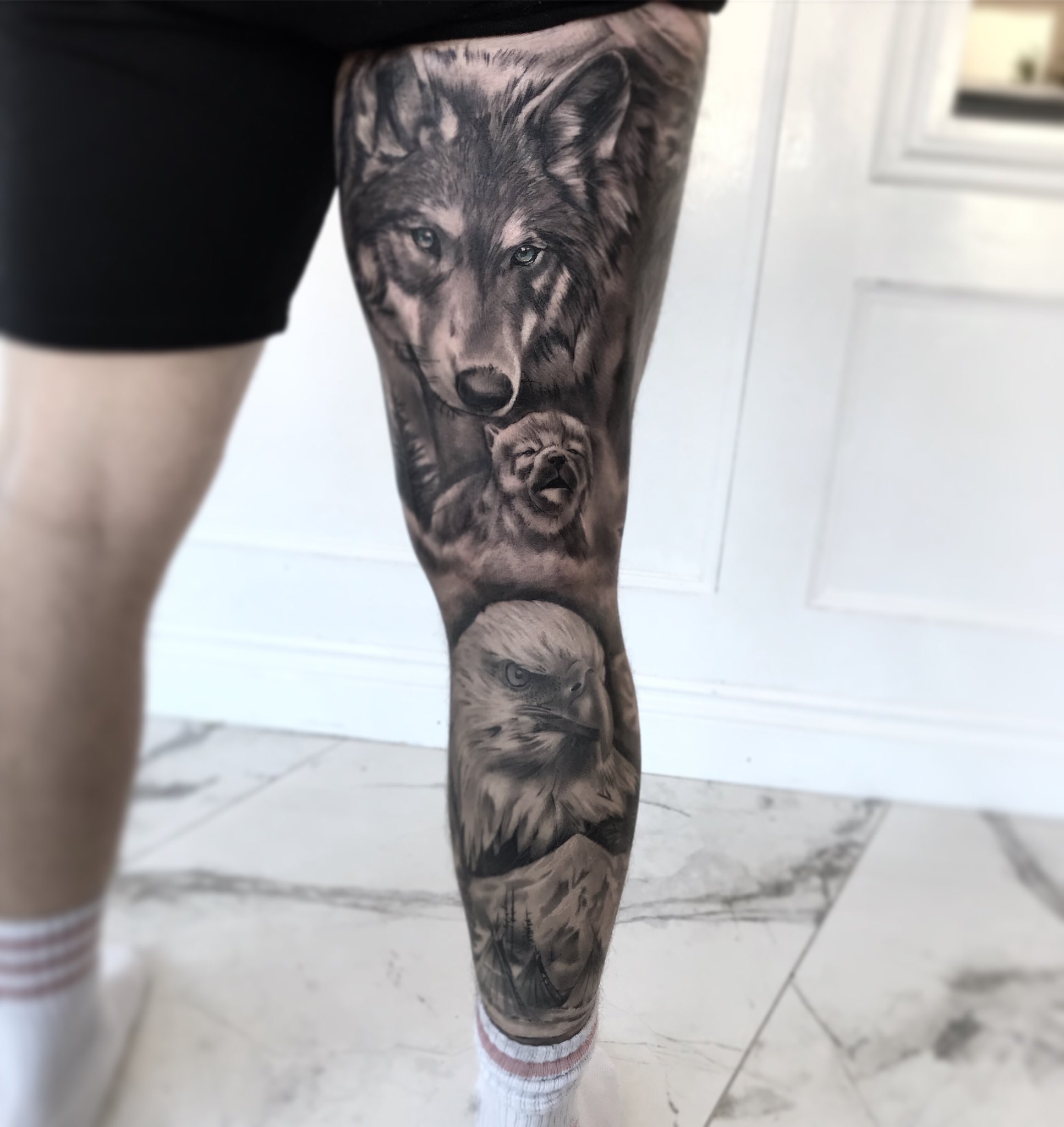 Full leg | Wolf tattoo sleeve, Leg sleeve tattoo, Black ink tattoos