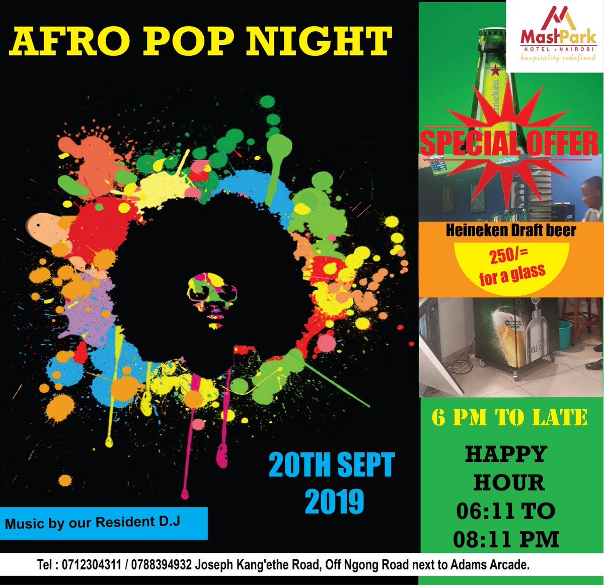 MashParkHotel's tweet photo. For the very first time we will be having the Afro Pop night experience.Heineken draft beer promotion is still on,beers from other brands on our normal happy hour offer.Our restaurant menu is available .You just can't afford to miss!#AfroPopNight#BarenaSportsBar#FahariRestaurant https://t.co/8VyzLNoAcR