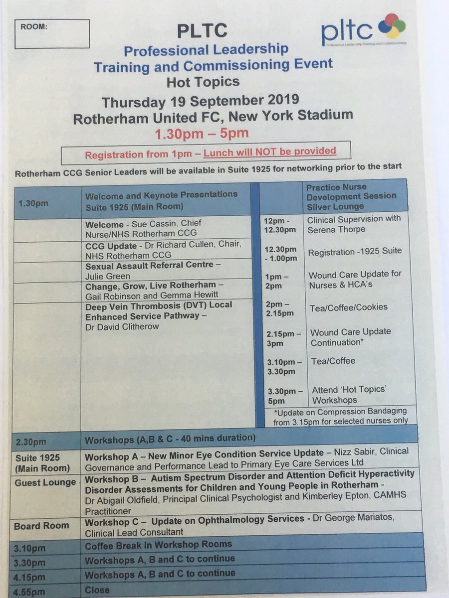 Susiecassin's tweet image. Today’s programme for GP training event at @NewYorkStadium1  @NHSRotherhamCCG #PLTC