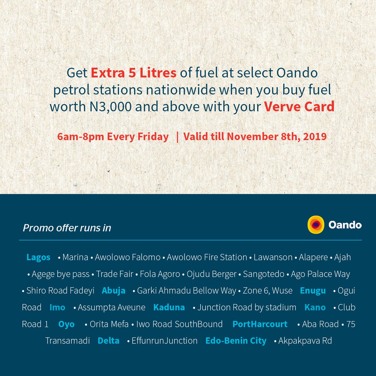 OVHEnergy's tweet photo. #FreeFuelFriday is back!!!
Pay with your Verve Card and get 5 litres FREE. See participating #OandoRetail stations below. Promo starts this Friday. #OVHEnergy https://t.co/CA7VOVFPsS