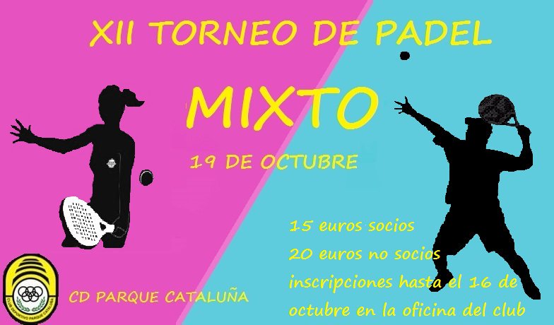 El 19 de octubre  se celebrará el XII Torneo Mixto de Padel. Las inscripciones se abrirán a partir del 20 de septiembre hasta el 16 de octubre. No lo dejéis para el final. ¡¡Os esperamos!!