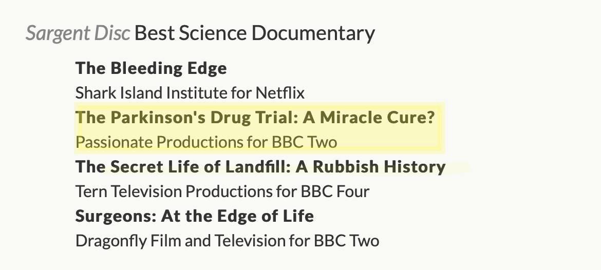 calibratefilms's tweet photo. 'The Parkinson's Drug Trial' (BBC2) has made it down to the final 4 up for a Grierson Award. Filmed over several years, this trial was an important step towards finding a cure for #Parkinsons sufferers worldwide. 
#WomenDirect #Documentary https://t.co/bLF8HqxwfT