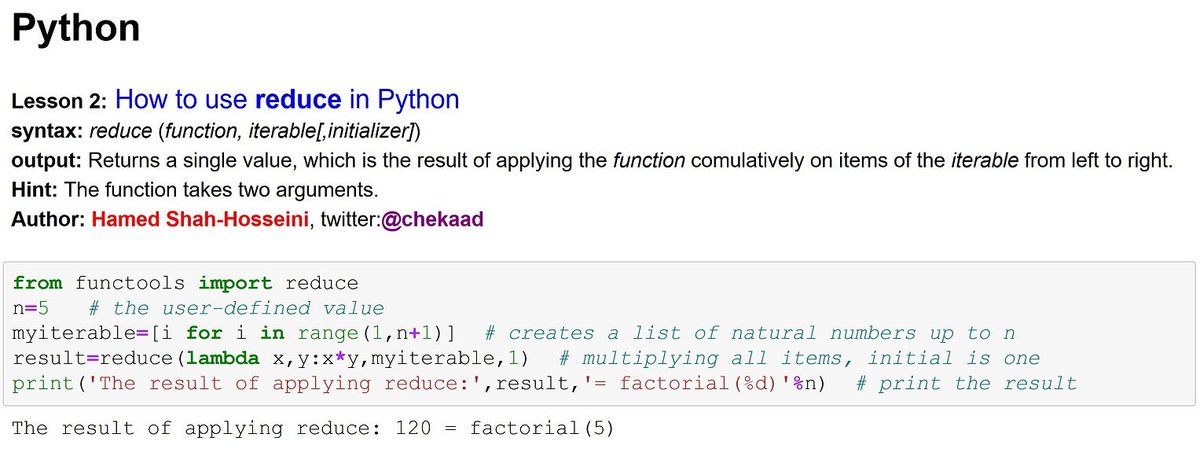 Hamed Shah Hosseini On Twitter پایتون بهره گیری از دستور Reduce Python How To Use Reduce Python Reduce Pythonprogramming Programming Factorial Computerscience پایتون برنامه نویسی فاکتوریل دانش رایانه Https T Co Ah2w55rplv