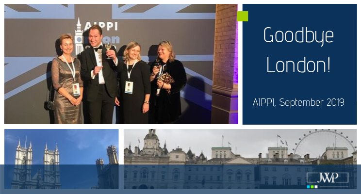 jwp_ip's tweet photo. Goodbye London! It was great to meet so many wonderful people on #AIPPI2019! See you next year! #jwp_ip #AIPPI #intellectualproperty #conference https://t.co/pk5MAfWhCi
