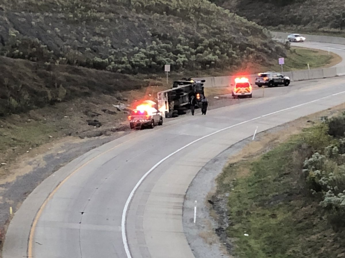 Rollover at exit ramp in Cranberry. The truck appears to be carrying a roll of sheet metal. <a href="/KDKA/">KDKA</a> @CelinaPompeani