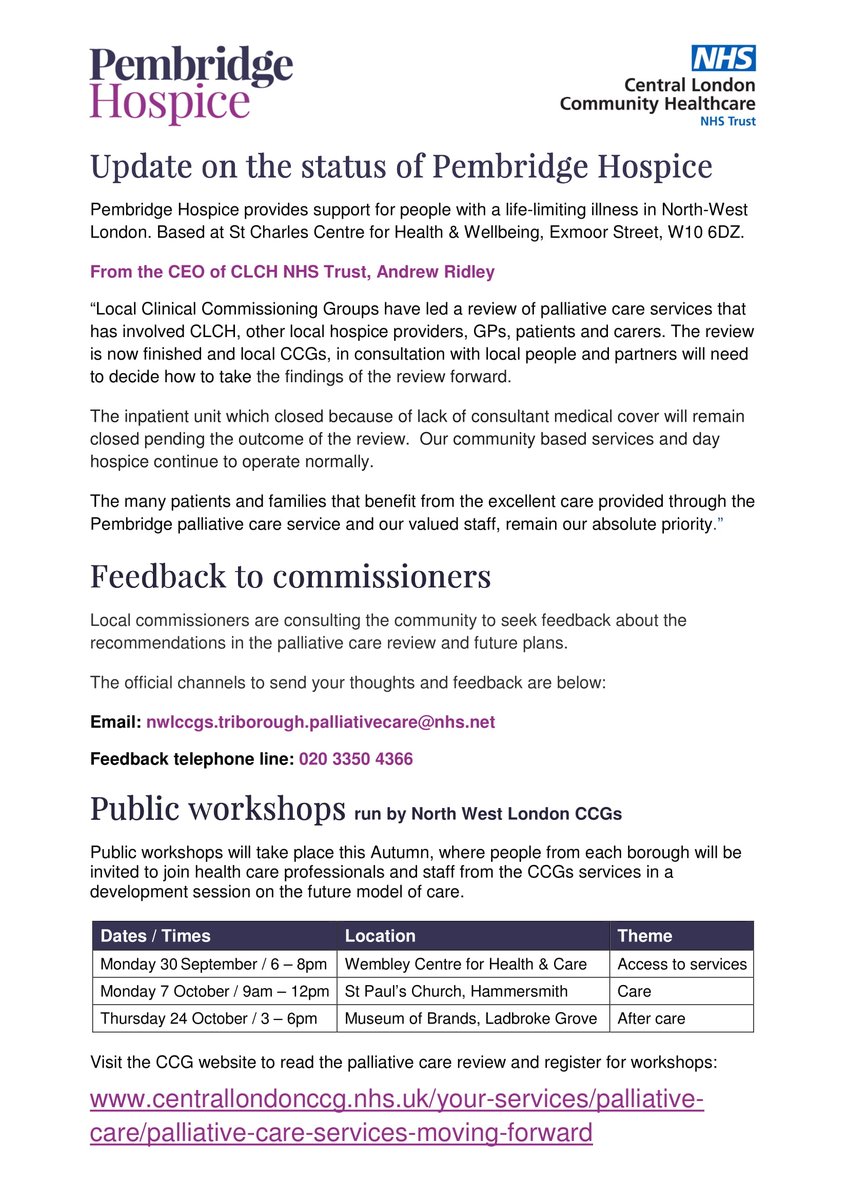 Pembridge Hospice (@pembridgelife) on Twitter photo This is a critical time for the future of palliative care in our local area and the hospice inpatient unit. Here is an update on the status of the hospice and info about giving feedback to local commissioners at centrallondonccg.nhs.uk/your-services/…
<a href="/CLCHNHSTrust/">CLCH NHS Trust</a> #LifeToTheFullest This is a critical time for the future of palliative care in our local area and the hospice inpatient unit. Here is an update on the status of the hospice and info about giving feedback to local commissioners at centrallondonccg.nhs.uk/your-services/…
<a href="/CLCHNHSTrust/">CLCH NHS Trust</a> #LifeToTheFullest