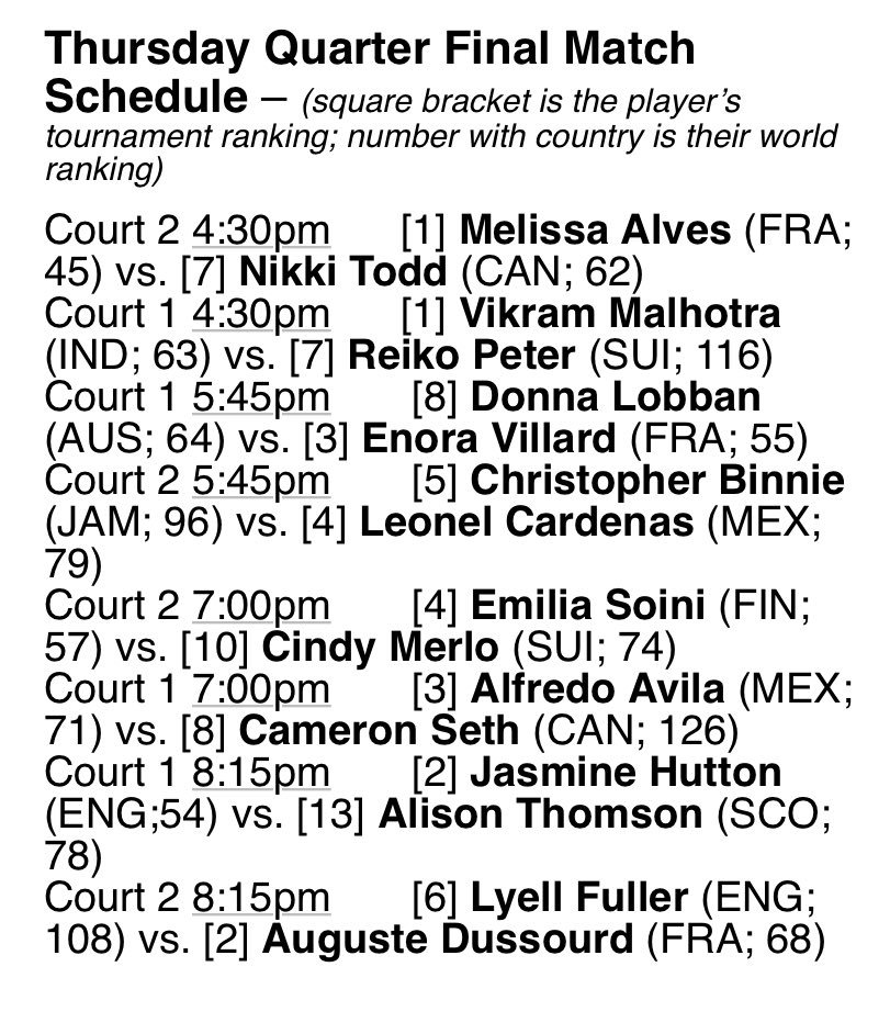 NASHcup Squash (@nashcup) on Twitter photo It is day 3 of the #NashCup2019 in #LdnOnt 🇨🇦. Tonight’s Quarterfinal match schedule below👇. There will be another packed house <a href="/londonsquash/">London Squash</a> to watch. We begin at 4:30pm local time & all matches streamed 📺 live at nashcup.com (no app required). <a href="/PSAChallenger/">PSA Challenger Tour</a> It is day 3 of the #NashCup2019 in #LdnOnt 🇨🇦. Tonight’s Quarterfinal match schedule below👇. There will be another packed house <a href="/londonsquash/">London Squash</a> to watch. We begin at 4:30pm local time & all matches streamed 📺 live at nashcup.com (no app required). <a href="/PSAChallenger/">PSA Challenger Tour</a>
