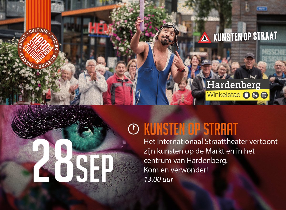 Hardstikke's tweet photo. 28 september:
KUNSTEN OP STRAAT vanaf 13.00 uur.
Het Internationale Straattheaterfestival vertoont zijn kunsten op de markt en in het centrum van #Hardenberg. 
Kom en verwonder! 
🎼🎻🎺🎨🎭🎹🎻📽🍿🎪 https://t.co/juhgRuSx7G