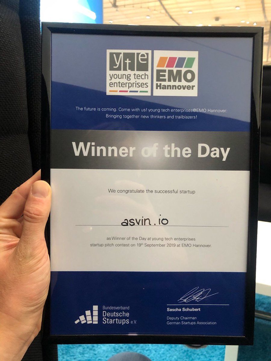 asvin_iot's tweet photo. Winner of the day ! Best congratulations to our #asvin_io team for this great performance! 
We are winner of the #startup contest at #EMO_Hannover.💪 🍀 🌼 🥂 🎉 
https://t.co/C50ah4XUsp
#EMO2019 #youngTech #startupContest #SecureSoftware #IoTupdate #CyberSecurity #IoT https://t.co/2FdVoNRwfU