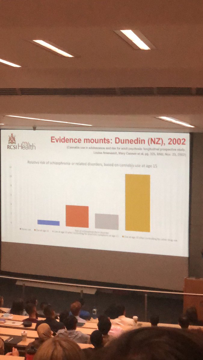 Earlier use of cannabis associated with higher risk of mental illness. Whatever your baseline genetic risk of mental health disorder your risk increases with cannabis use. #RCSImyhealth