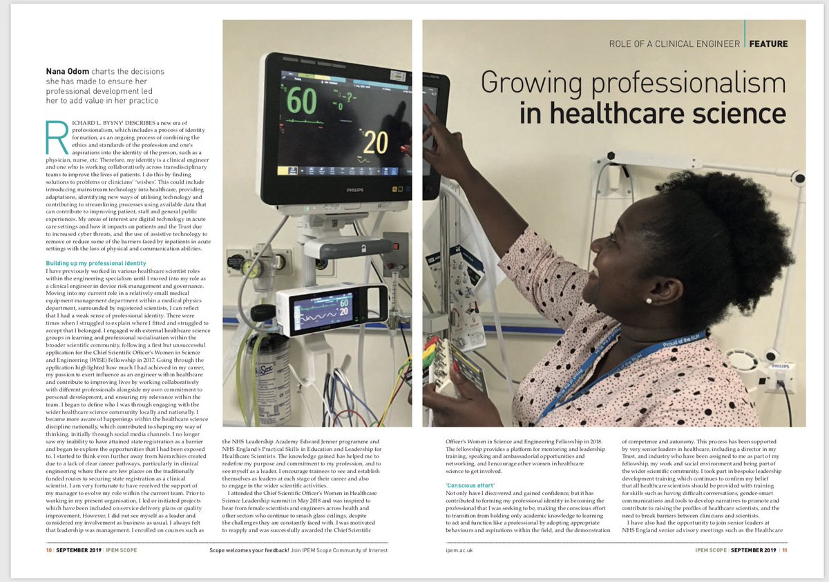 NanaOdom82's tweet image. Sharing the role engaging with the wider scientific community, #CSOWISE fellowship, line manager and trust lead HCS support and @RUHStaff  have contributed to building a professional identity as a clinical engineer . Thank you @ipemnews for the feature; #WomeninEngineering