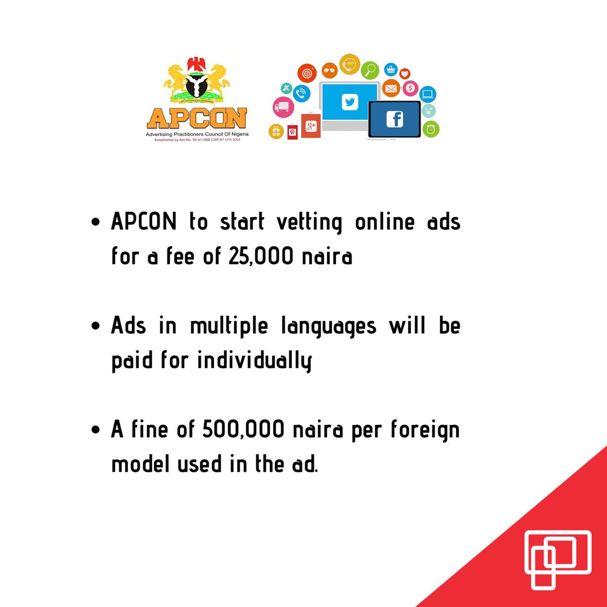 Algorithmmedia's tweet image. It is no news that APCON has directed that all online ads must be vetted and cleared before they are deployed.

One of our best brains at Algorithm Media - Kemi Akola shares her opinion on it.

#AlgorithmMedia #APCON #Advertising #OnlineAds #OneMediacom #TeamMindshare