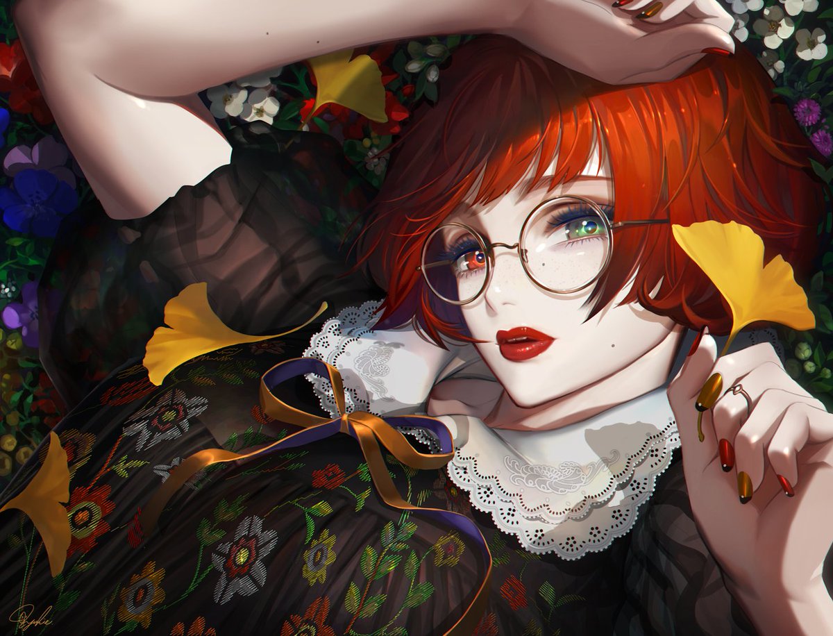 1girl solo glasses mole green eyes red hair red lips  illustration images