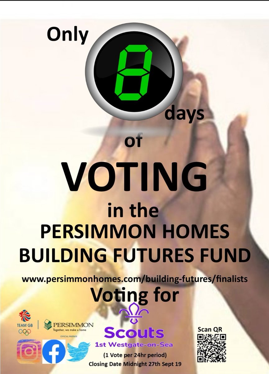 ONLY 8 DAYS.! PLEASE PLEASE KEEP VOTING &amp;  SHARING
it would be nice to come home with a £100,000 on the Gala Night on the 8th October 2019.
persimmonhomes.com/building-futur…
Voting ends Midnight 27th Sept 19 (Thank you)
<a href="/PersimmonHomes/">persimmonhomes</a> @TimothyKidd <a href="/Kentscouts/">Kent Scouts</a> @UKScouting <a href="/ThanetScouts/">Thanet Scouts</a>