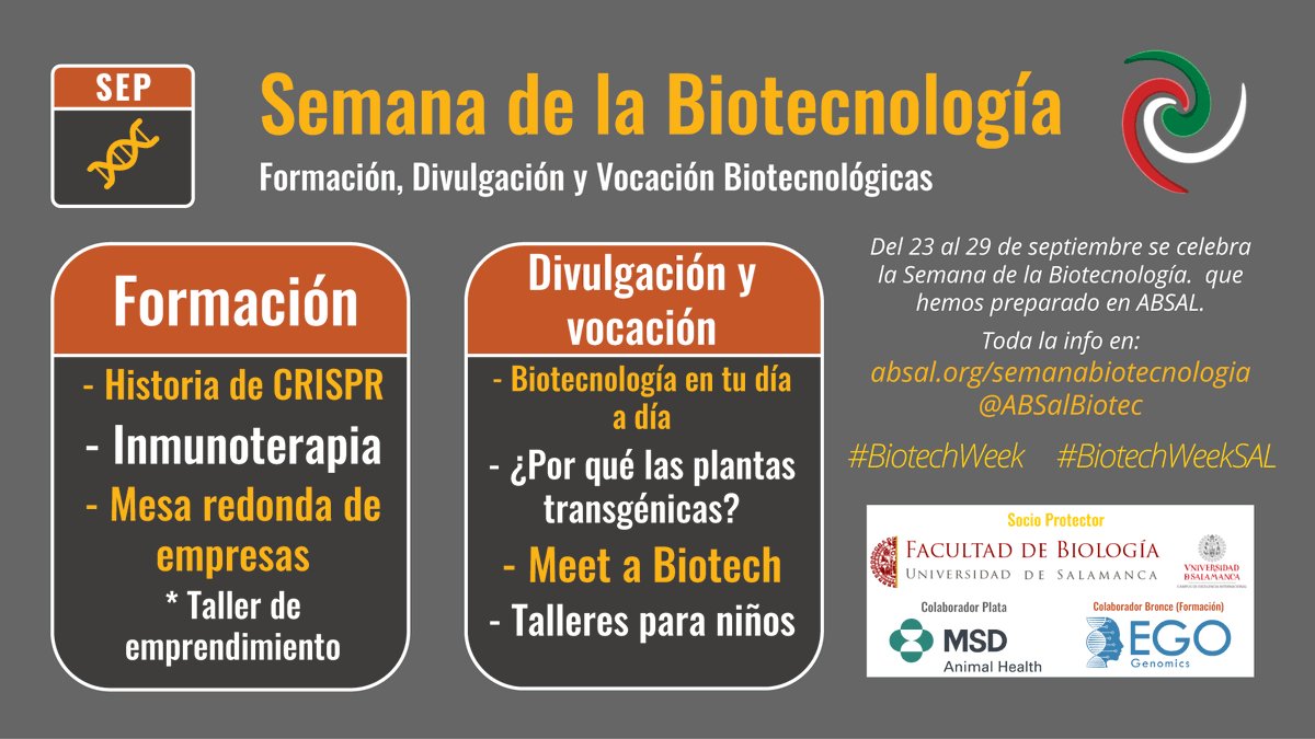 able_leon's tweet image. Nuestros amigos de @absalbiotec 🌀 van a celebrar la #BiotechWeek 🧬
⠀⠀⠀⠀⠀⠀⠀⠀⠀
Si estáis en 📍 Salamanca del 📆 23 al 29 de Septiembre, ‼️no os lo podéis perder‼️

#BiotechWeekSAL
