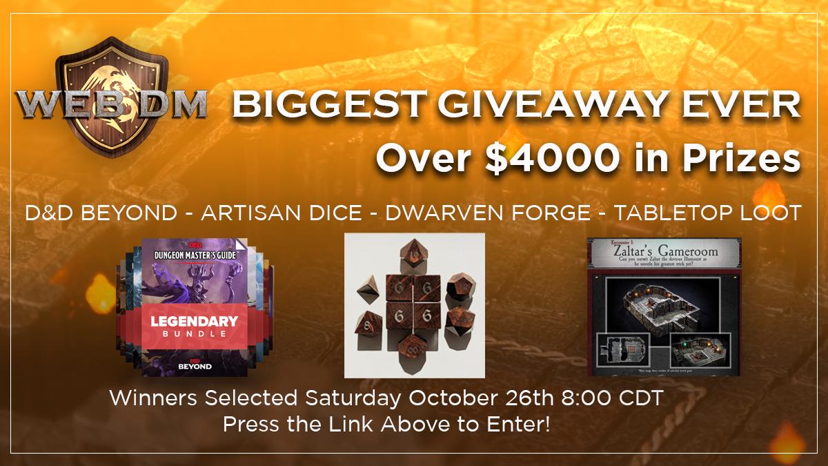 🔴 BIGGEST #GIVEAWAY EVER 🔴 Join us in our KS mailing list launch! 5 @DnDBeyond Legendary Bundles 2 @ArtisanDice sets @dwarvenforge terrain @TabletopLoot gear @Wizards_DnD Ghosts of Saltmarsh @voidmerchstore shirt awesomeness Enter: gleam.io/gX96F/biggest-… #dnd #ttrpg #dnd5e