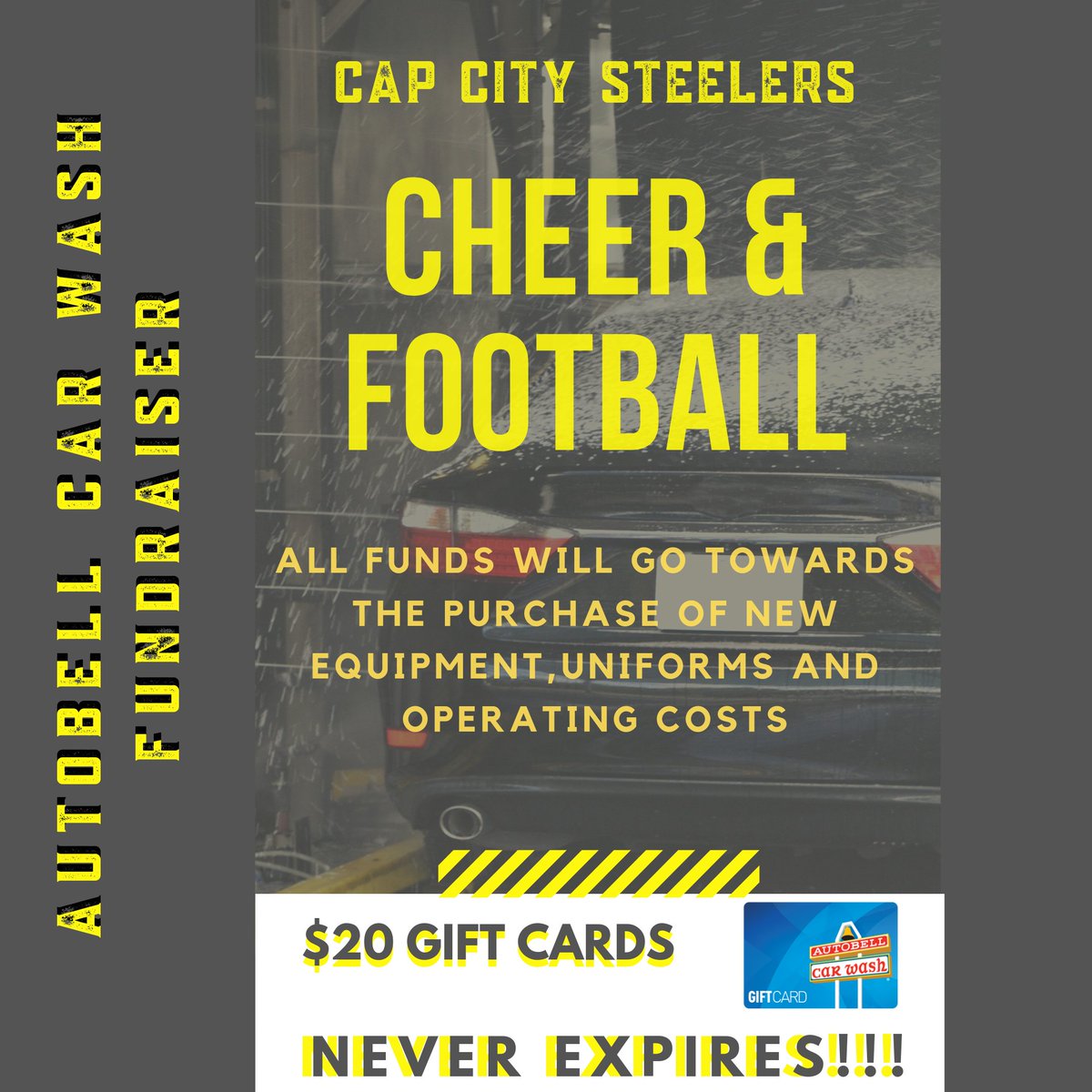SteelersCapCity's tweet photo. Fundraiser Alert. Autobell gift cards 20 bucks and they never expire. Use at any location and keep that 🚘 looking extra fresh. All sales help with uniforms and operating costs. #SteelersFirst☝️ https://t.co/PmCnQF0Jhs