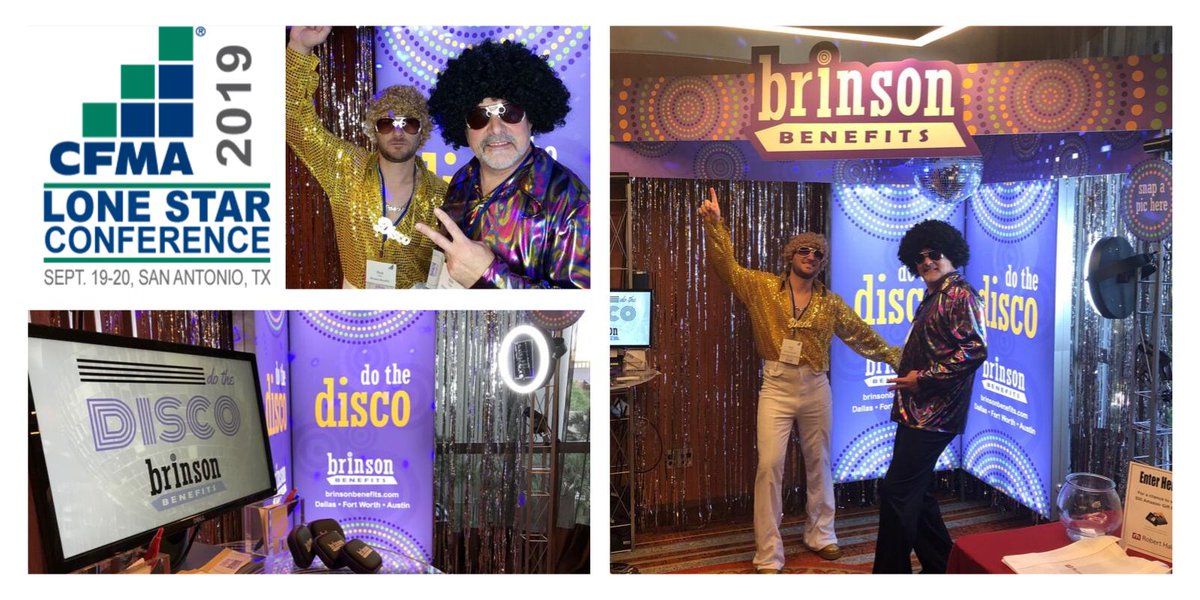 BrinsonBenefits's tweet photo. Let's get this party started! We're ready to Do the Disco with you at the 2019 @CFMA Lone Star Conference! #brinsonbenefits #dothedisco #cfma https://t.co/s7kZv6AfQy