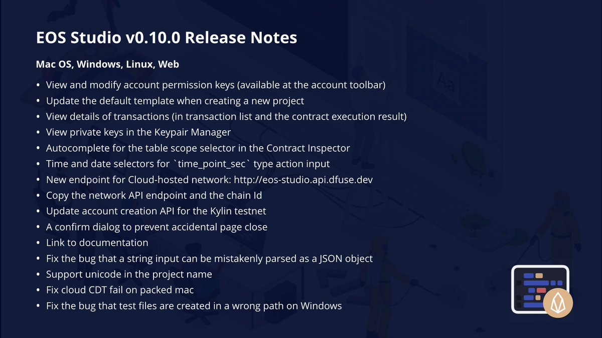 obsidian_labs's tweet image. #EOSStudio v0.10.0 release is out! It includes new features for viewing and managing the details of transactions, private keys, and account permission keys. 

We have updated the v0.10.0 synchronously on macOS, Windows, Linux, and the Web. Check it out at: eosstudio.io