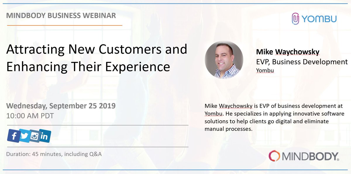 Join Michael Waychowsky, EVP of Business Development, for a Mindbody Business Webinar on September 25th! Details below:

business.mindbody.io/education/webi…

#yombu #mindbody #gopaperless #boutiquefitness #spa #yoga #pilates