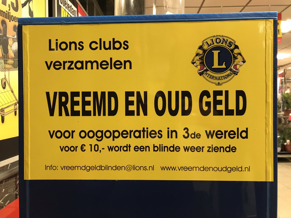 Sinds kort staat de geldinzamelzuil voor vreemd (buitenlands) en oud geld van de Lionsclub bij Albert Heijn aan De Kolk in Delden. De opbrengst wordt gebruikt voor oogoperaties in derde wereldlanden. 
Heeft u geld van de vakantie over of nog guldens in huis? Wij zijn er blij mee!