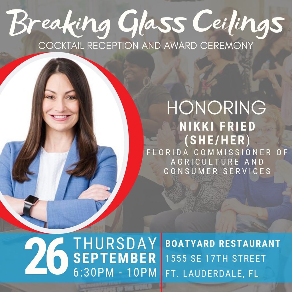 ruthlistbroward's tweet photo. We're honored to announce @FDACS @NikkiFriedFL as one of our award winners for the inaugural “Breaking Glass Ceilings”ceremony. @nikkifried is the first woman elected to the position. Don't miss out on this incredible evening, get your tickets here: https://t.co/awBeJu3V7J https://t.co/VGWUq2Kjgc