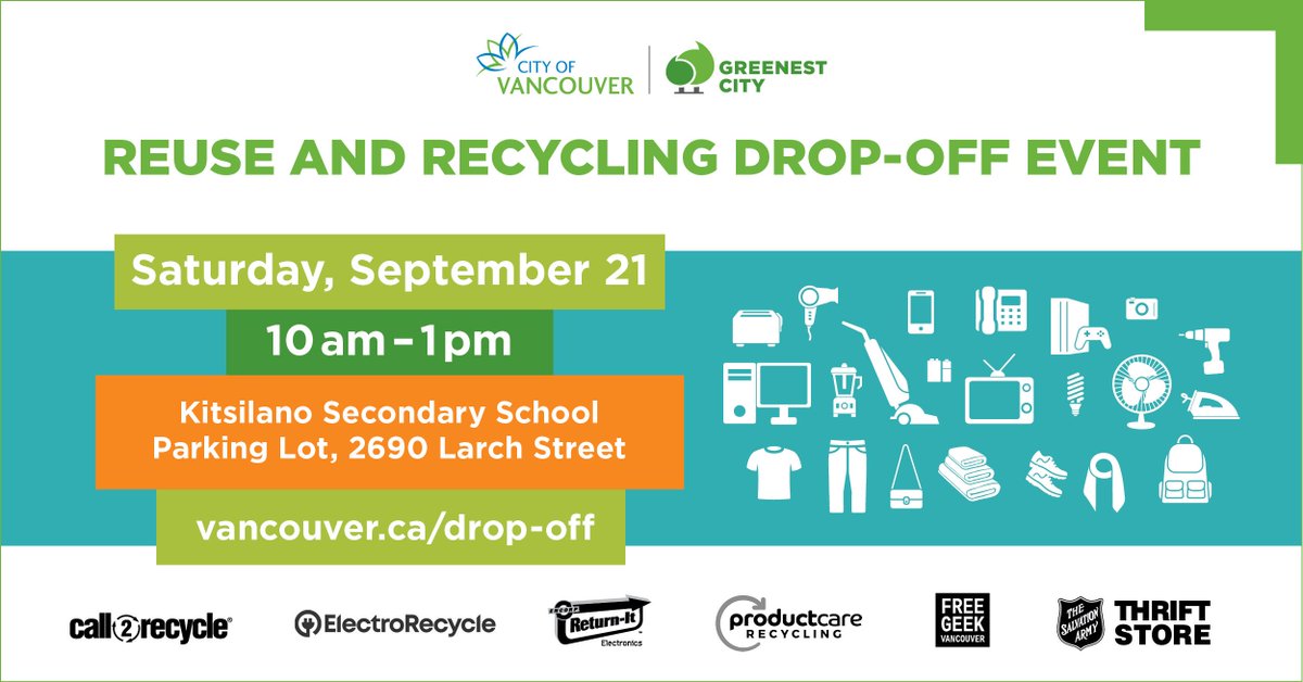 Celebrate @WorldCleanupDay, Sept 21 by dropping off your unwanted electronics, small appliances, clothing, light bulbs & household batteries @KitsilanoSS @kitsonbroadway @ShopWest4th @Dave_Eby @KitsFairCPC @KitsilanoCC @Kitshouse @Return_It @ElectroRecycle @Call2RecycleCA