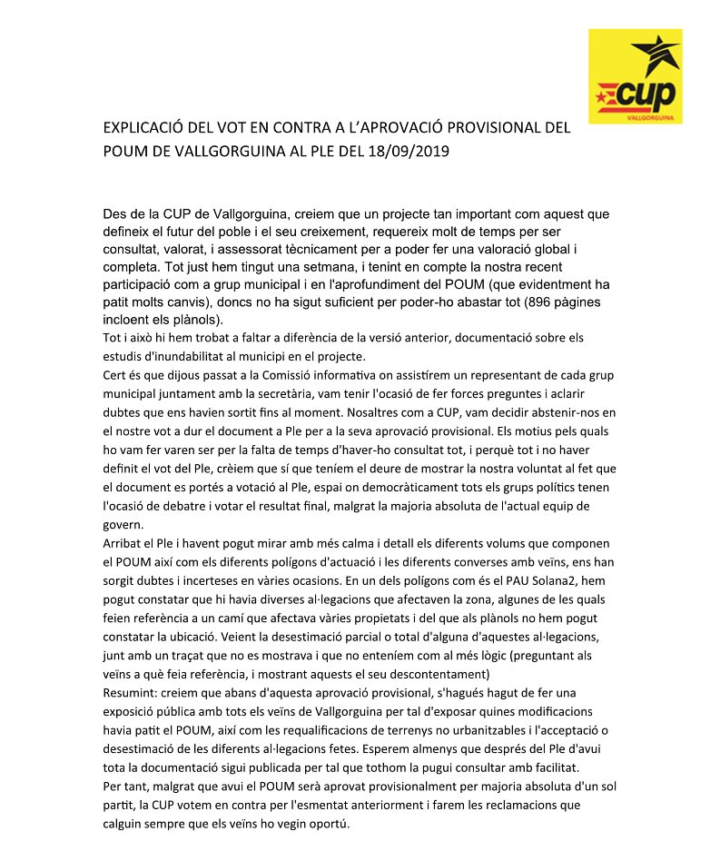 CupVallgorguina's tweet photo. Aquesta és l'explicació completa del nostre vot en contra a l'aprovació provisional del POUM al Ple municipal d'ahir. A diferència del que s'ha publicat com a notícia, aquí detallem i especifiquem els nostres arguments sencers. #cupvallgorguina #CUP # transparència https://t.co/gRMh8Tf8Rj