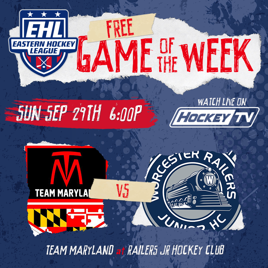MyHockeyTV's tweet photo. This week's @EHL_Hockey FREE game of the week broadcasts live this Sunday September 29 when @TeamMarylandEHL takes on the @RailersHC.

Create your free account at https://t.co/heJYAeg4Rr to watch it live. https://t.co/lpGrE8Gf2m