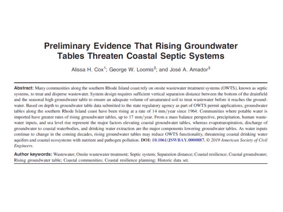 URISoilMicro's tweet photo. We need to start thinking about rising #watertables and #septicsystems, and it's not only about #sealevelrise. The latest paper from PhD student Alissa Cox in the Journal of Sustainable #water in the Built Environment @uricels https://t.co/IgOMgK4oor https://t.co/D4ZuP2Wl2w