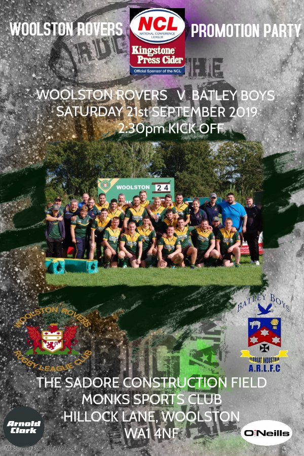 woolston_rovers's tweet photo. Come and support the @OfficialNCL players this weekend in their last league game of the 2019 season.

🗓 Saturday 21st September 2019

🏉 @woolston_rovers v @BatleyBoysArlfc

📍 The Sadore Construction Field, Monks Sports Club, Woolston, WA1 4NF 

⌚2:30pm Kick Off https://t.co/36D08Xous1