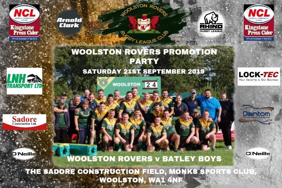 Come and support the <a href="/OfficialNCL/">National Conference League - RL</a> players this weekend in their last league game of the 2019 season.

🗓 Saturday 21st September 2019

🏉 <a href="/woolston_rovers/">Woolston Rovers RLFC</a> v @BatleyBoysArlfc

📍 The Sadore Construction Field, Monks Sports Club, Woolston, WA1 4NF 

⌚2:30pm Kick Off